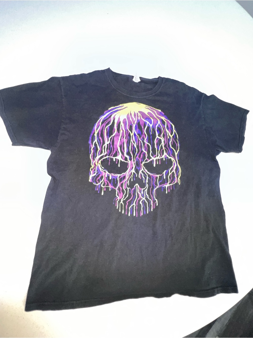 Men’s Black Graphic Skull Tee with Purple & Yellow Drip Design